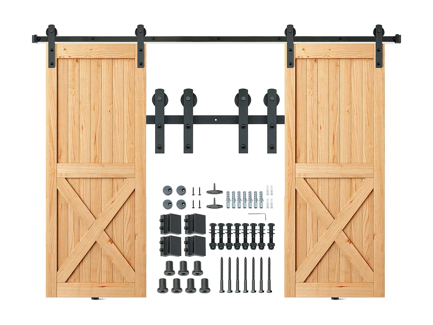 Puerta Corrediza SucceBuy Kit de Herrajes para Puertas Corredizas de Granero de 8 Pies | Riel de Armario para Puertas Dobles | Perchas en Forma de I