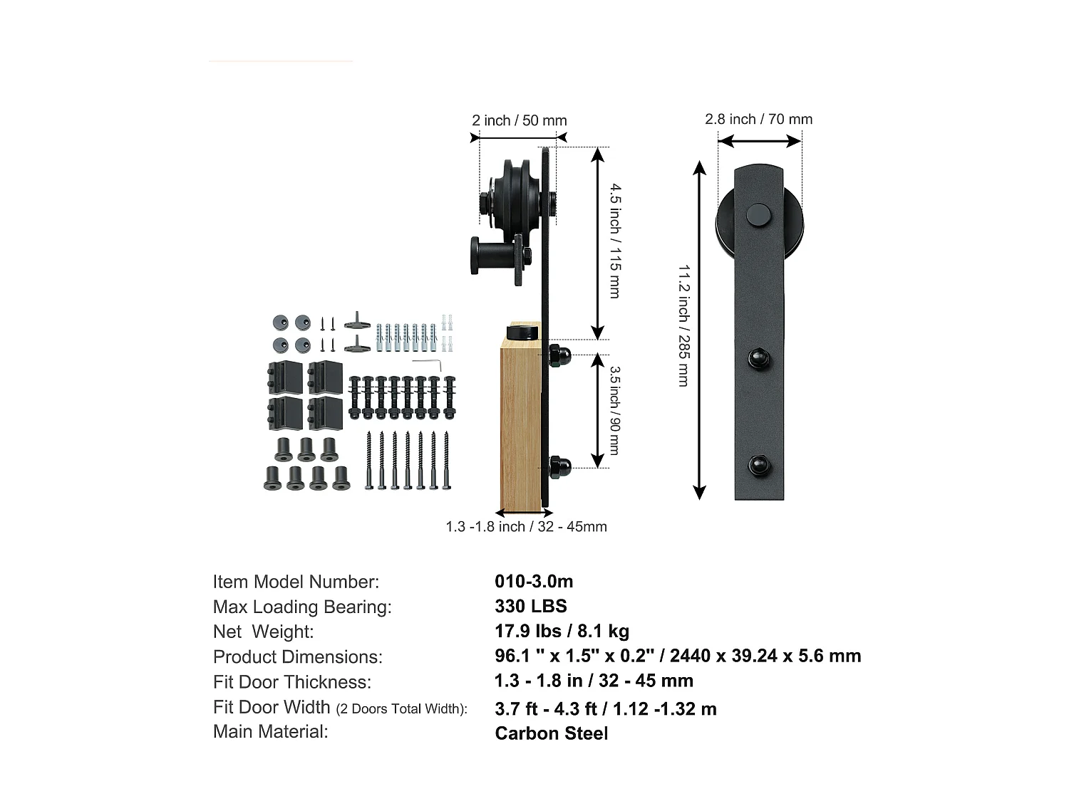 Puerta Corrediza SucceBuy Kit de Herrajes para Puertas Corredizas de Granero de 8 Pies | Riel de Armario para Puertas Dobles | Perchas en Forma de I