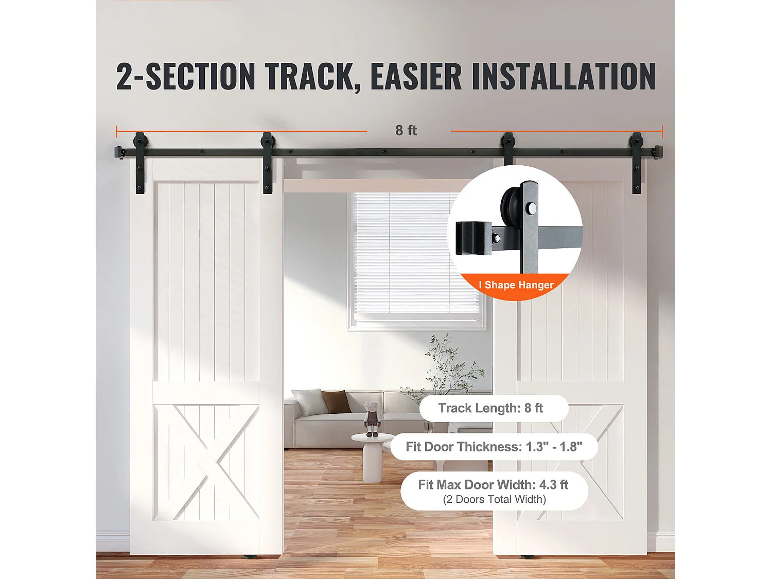 Puerta Corrediza SucceBuy Kit de Herrajes para Puertas Corredizas de Granero de 8 Pies | Riel de Armario para Puertas Dobles | Perchas en Forma de I