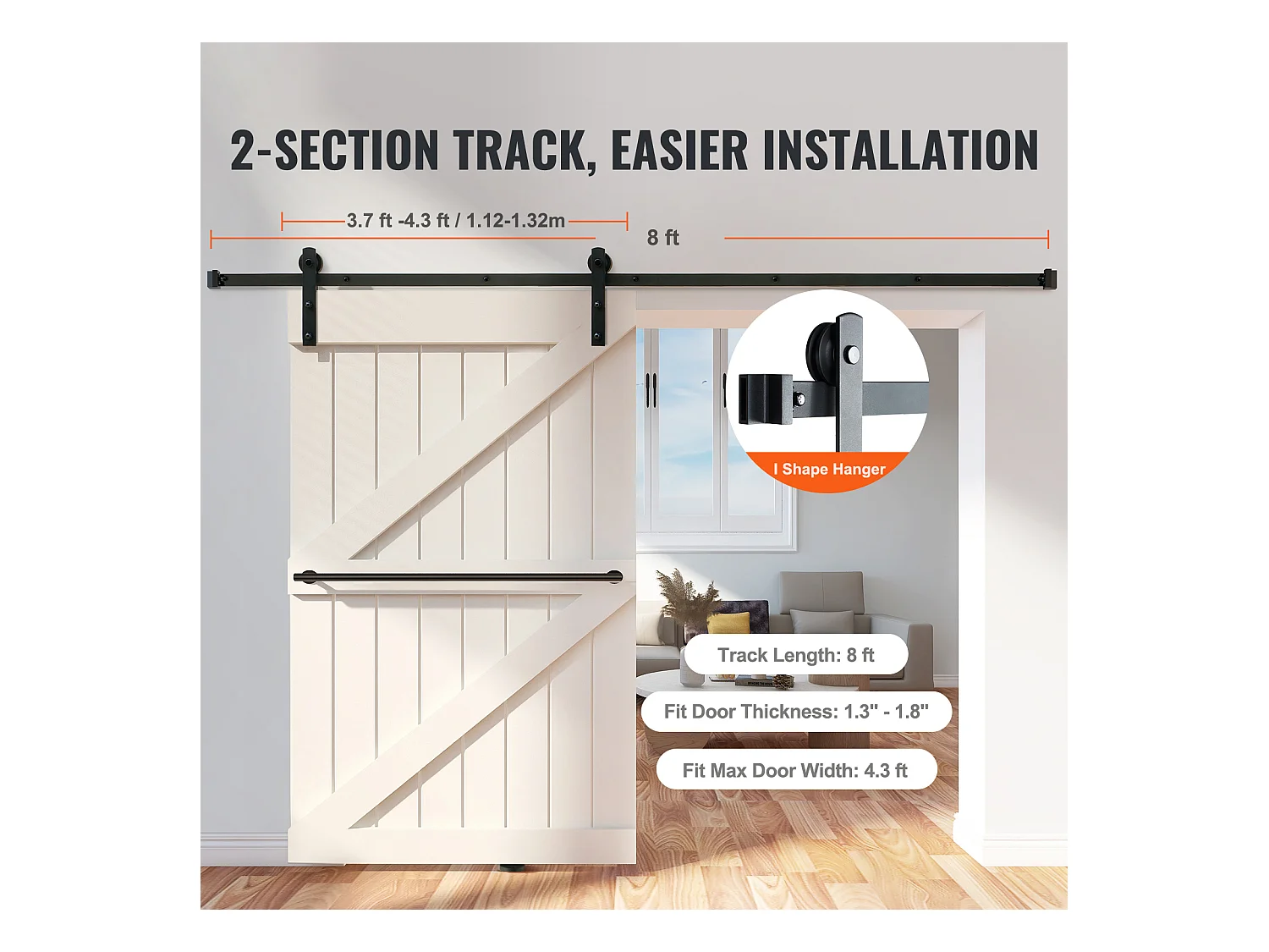 Kit de Porte Coulissante SucceBuy, Kit de Quincaillerie pour Porte de Grange Coulissante 8 Pieds, Rail de Placard pour Porte Simple