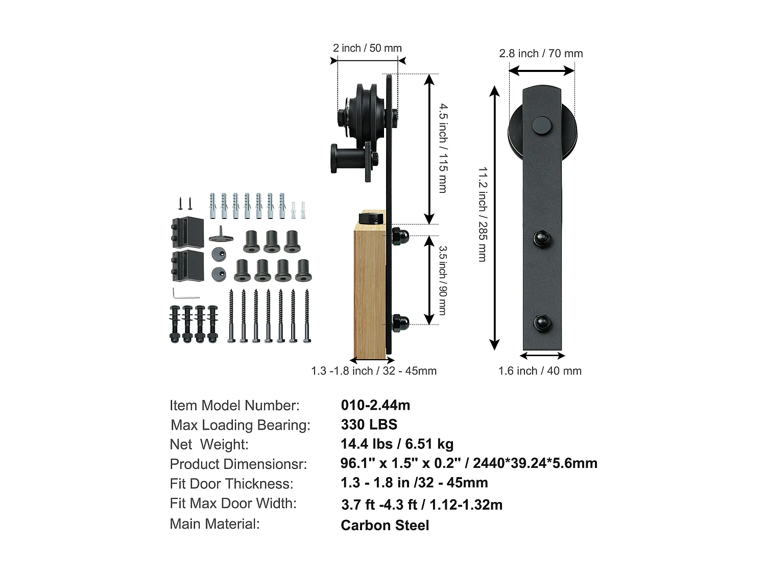 Porta de Correr SucceBuy Kit de Ferragens para Porta de Correr de Celeiro de 2,5 M, Calha para Armário para Porta Única