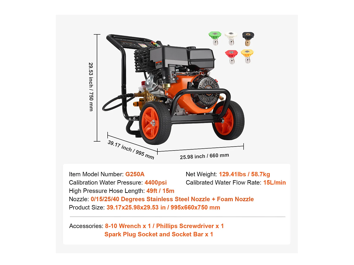 Nettoyeur Haute Pression SucceBuy  à Essence 4400 PSI 15 L/Min 2,6 GPM 5 Buses pour le Nettoyage