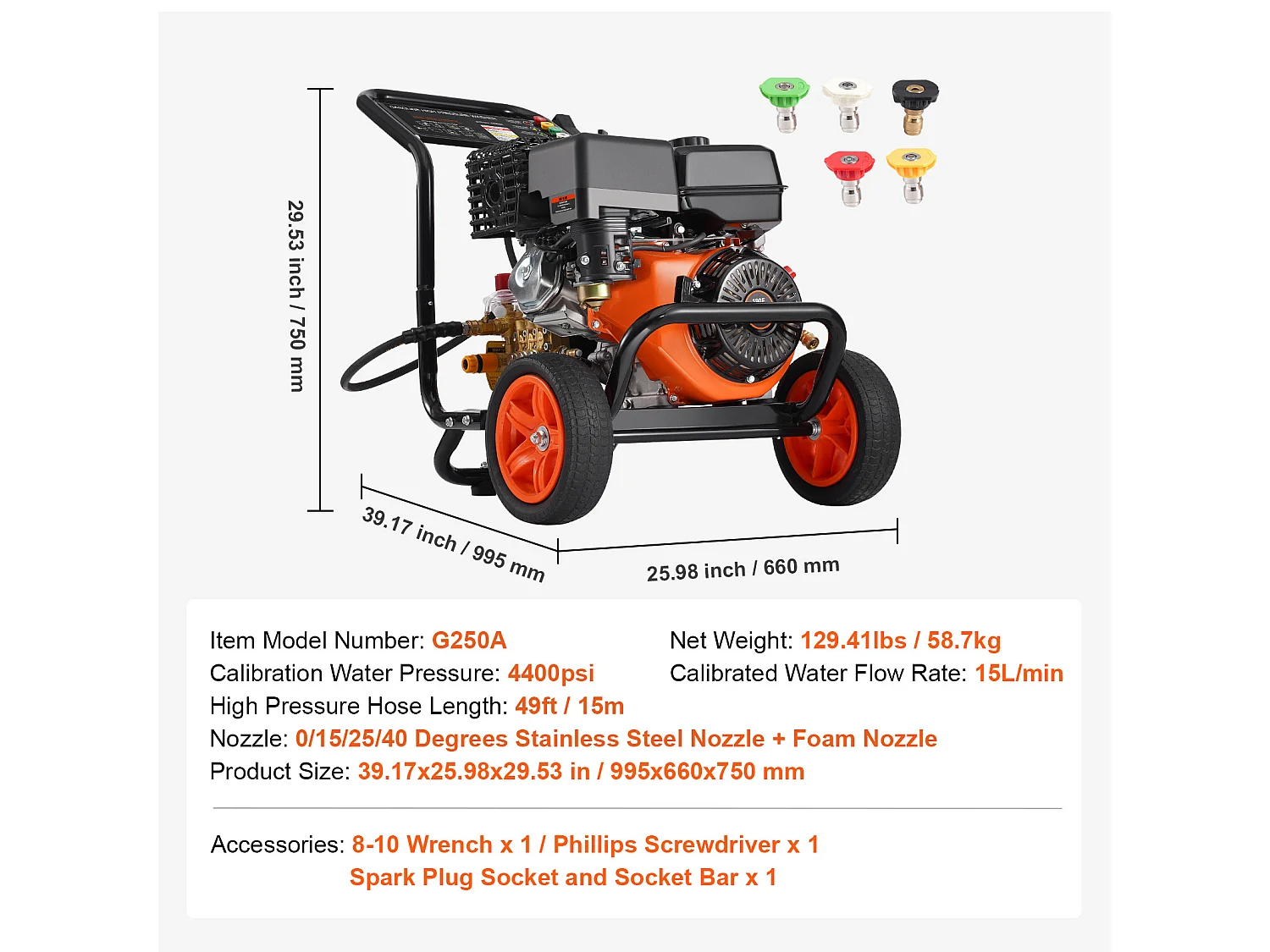 Nettoyeur Haute Pression SucceBuy  à Essence 4400 PSI 15 L/Min 2,6 GPM 5 Buses pour le Nettoyage