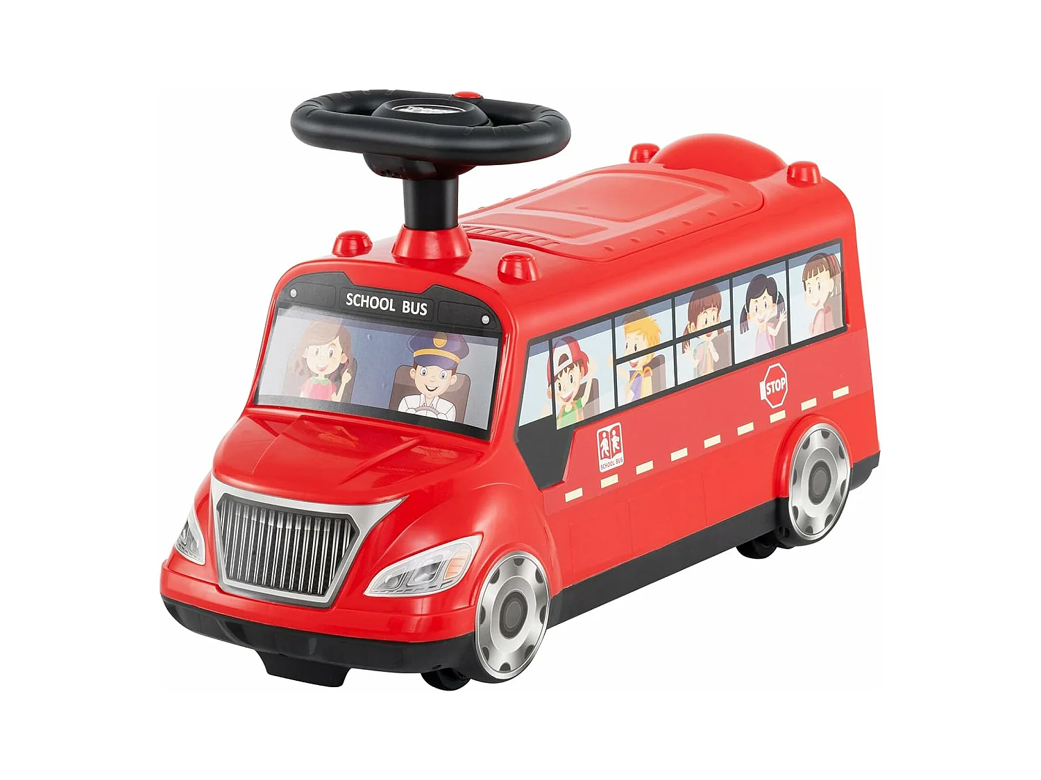Porteur Enfant en Forme Bus avec Volant & Musique, Voiture à Pousser Bébé avec Bloc Anti-basculement & Stockage Caché, Charge 15 kg pour 19-36 Mois
