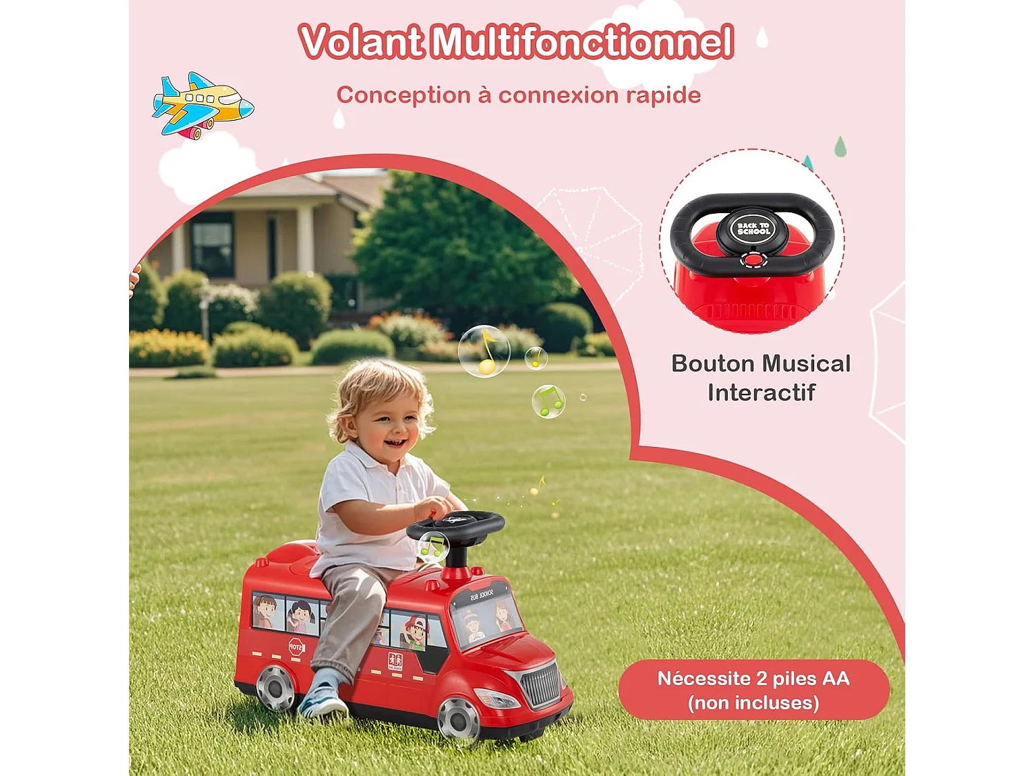 Porteur Enfant en Forme Bus avec Volant & Musique, Voiture à Pousser Bébé avec Bloc Anti-basculement & Stockage Caché, Charge 15 kg pour 19-36 Mois