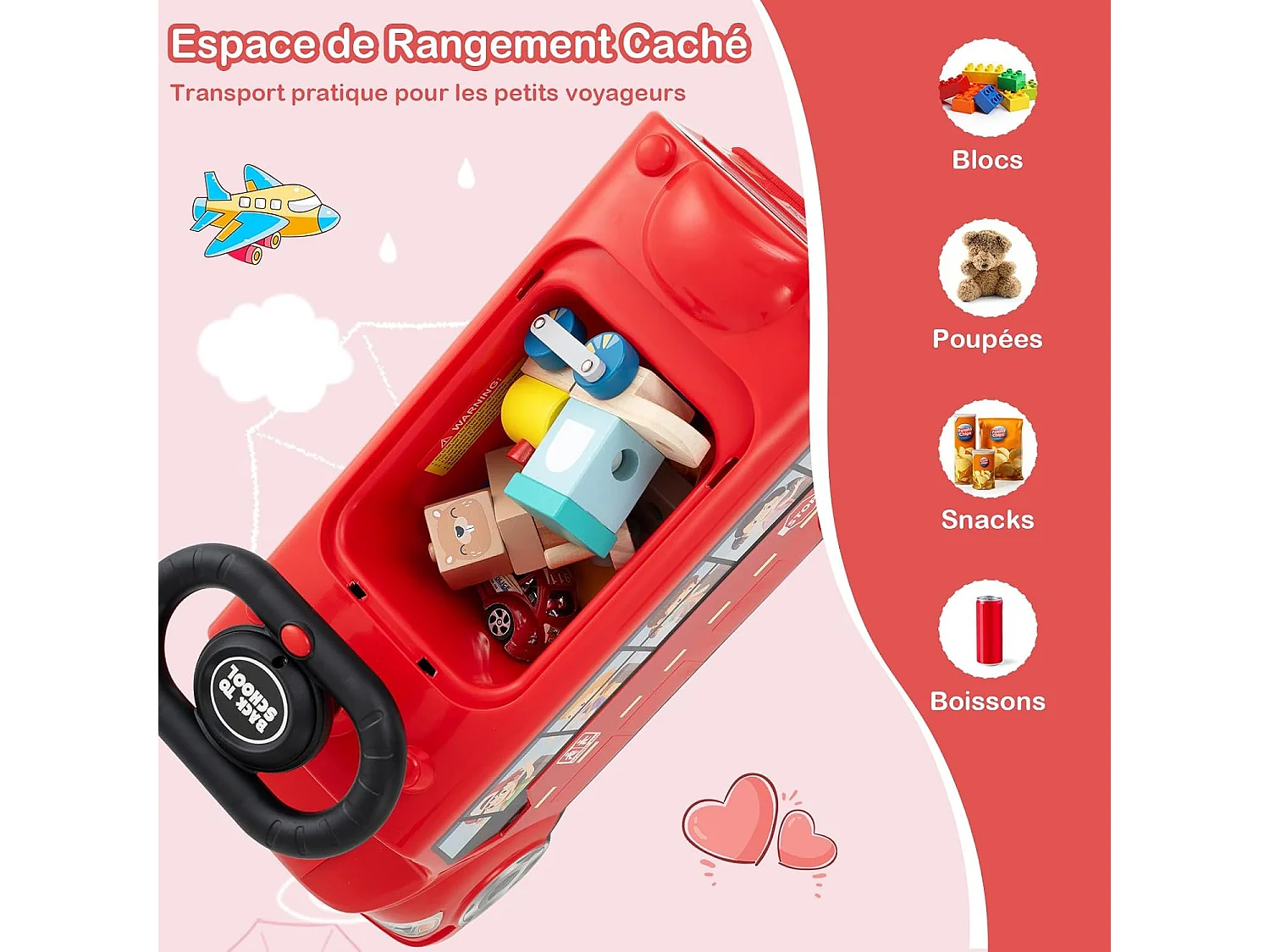 Porteur Enfant en Forme Bus avec Volant & Musique, Voiture à Pousser Bébé avec Bloc Anti-basculement & Stockage Caché, Charge 15 kg pour 19-36 Mois