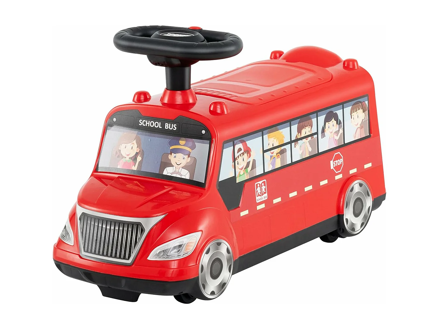 Porteur Enfant en Forme Bus avec Volant & Musique, Voiture à Pousser Bébé avec Bloc Anti-basculement & Stockage Caché, Charge 15 kg pour 19-36 Mois