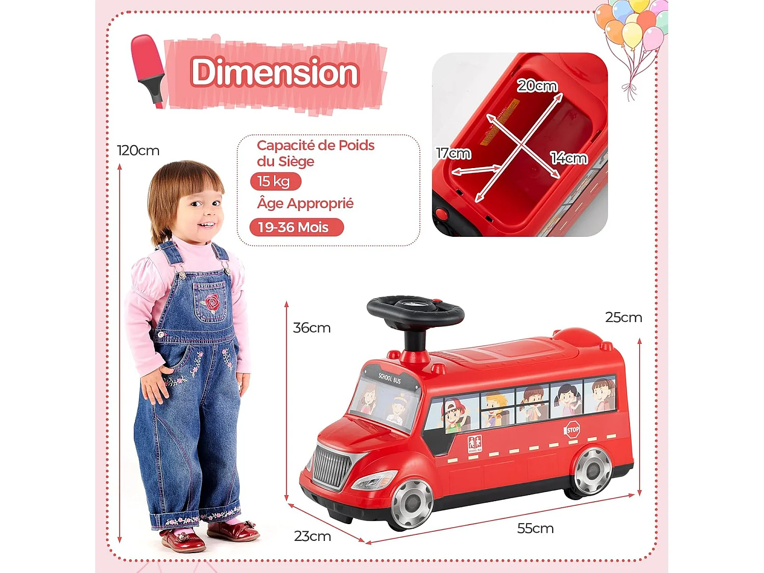 Porteur Enfant en Forme Bus avec Volant & Musique, Voiture à Pousser Bébé avec Bloc Anti-basculement & Stockage Caché, Charge 15 kg pour 19-36 Mois