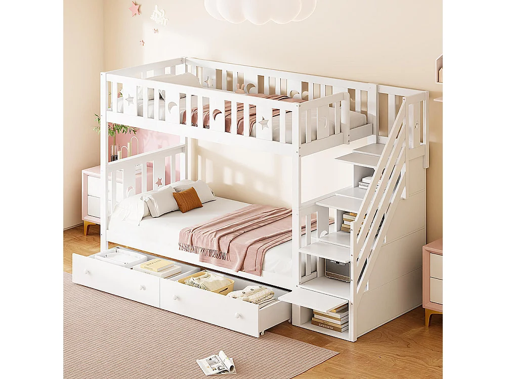 Stapelbed 90x200/90x200 cm,kinderbed met laden,wit