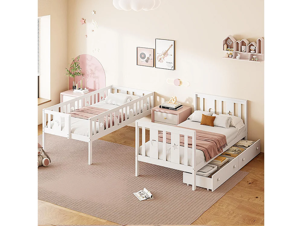 Stapelbed 90x200/90x200 cm,kinderbed met laden,wit