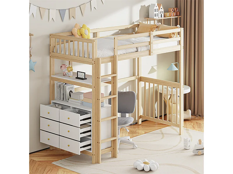 Hoogslaper 90x200cm, veiligheidsladder, laden en planken, eenpersoonsbed, houtkleur + wit