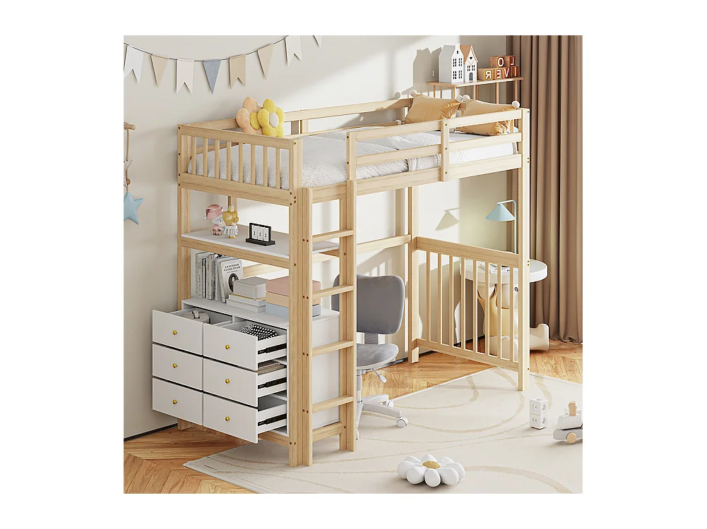 Hoogslaper 90x200cm, veiligheidsladder, laden en planken, eenpersoonsbed, houtkleur + wit