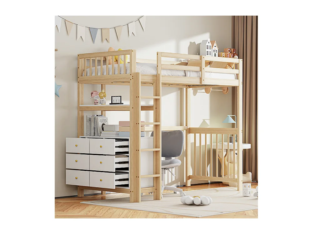 Hoogslaper 90x200cm, veiligheidsladder, laden en planken, eenpersoonsbed, houtkleur + wit