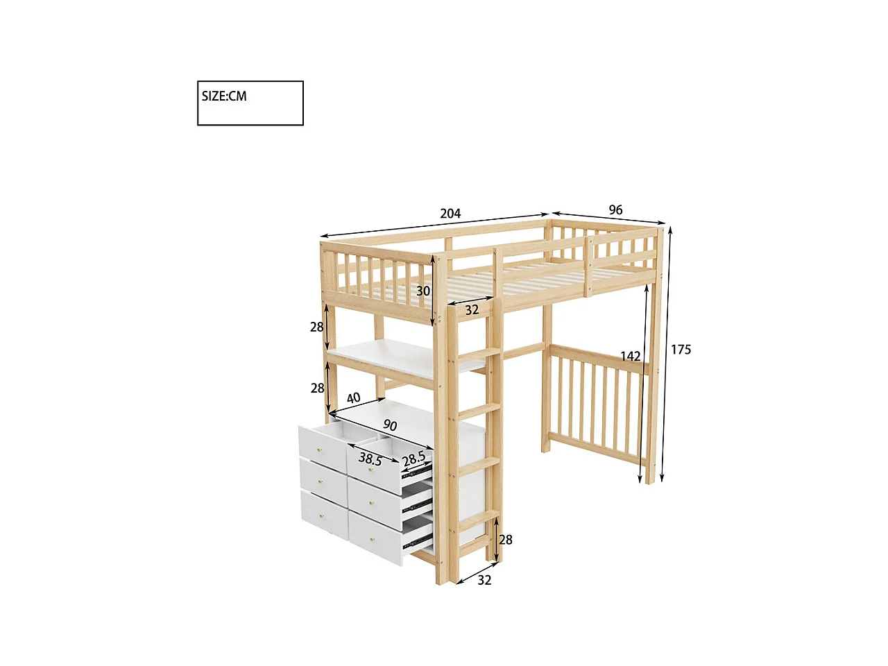 Hoogslaper 90x200cm, veiligheidsladder, laden en planken, eenpersoonsbed, houtkleur + wit