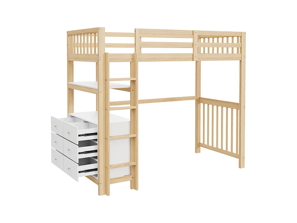 Hoogslaper 90x200cm, veiligheidsladder, laden en planken, eenpersoonsbed, houtkleur + wit