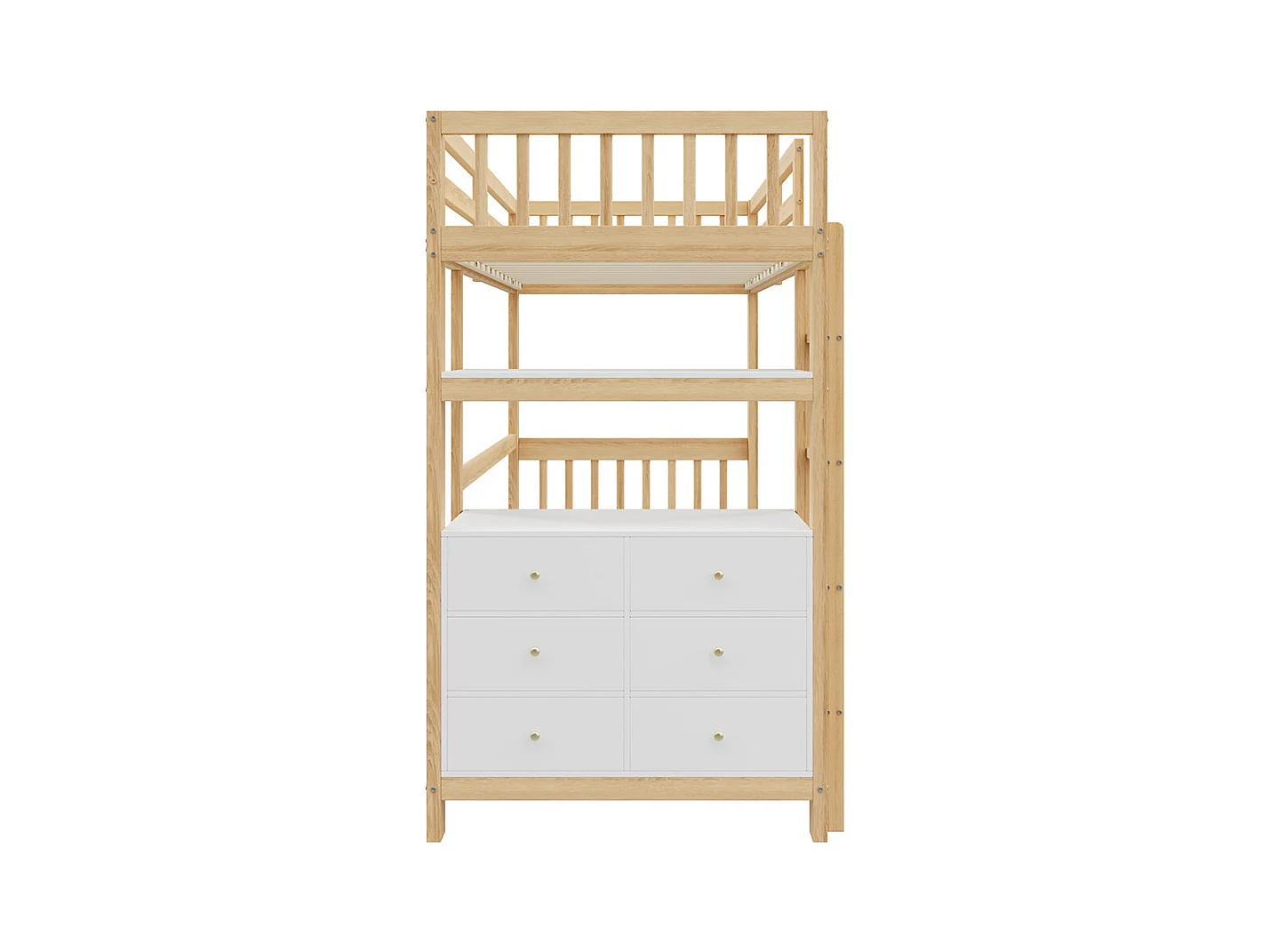 Hoogslaper 90x200cm, veiligheidsladder, laden en planken, eenpersoonsbed, houtkleur + wit