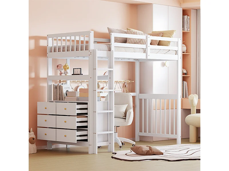 Lit mezzanine 90x200cm, Échelle de sécurité, Tiroirs et étagères, Lit simple,Blanc