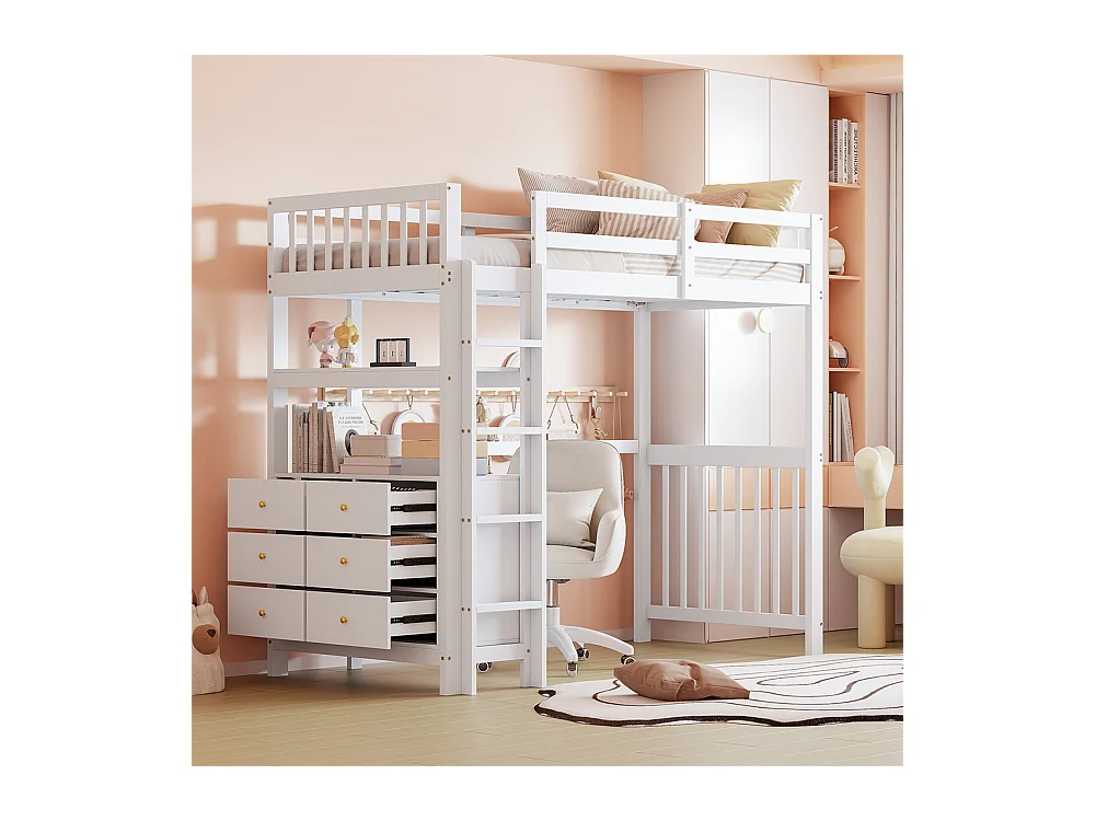 Lit mezzanine 90x200cm, Échelle de sécurité, Tiroirs et étagères, Lit simple,Blanc