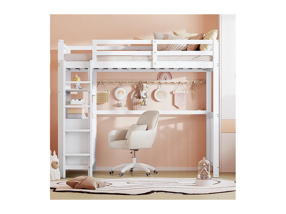 Lit mezzanine 90x200cm, Échelle de sécurité, Tiroirs et étagères, Lit simple,Blanc