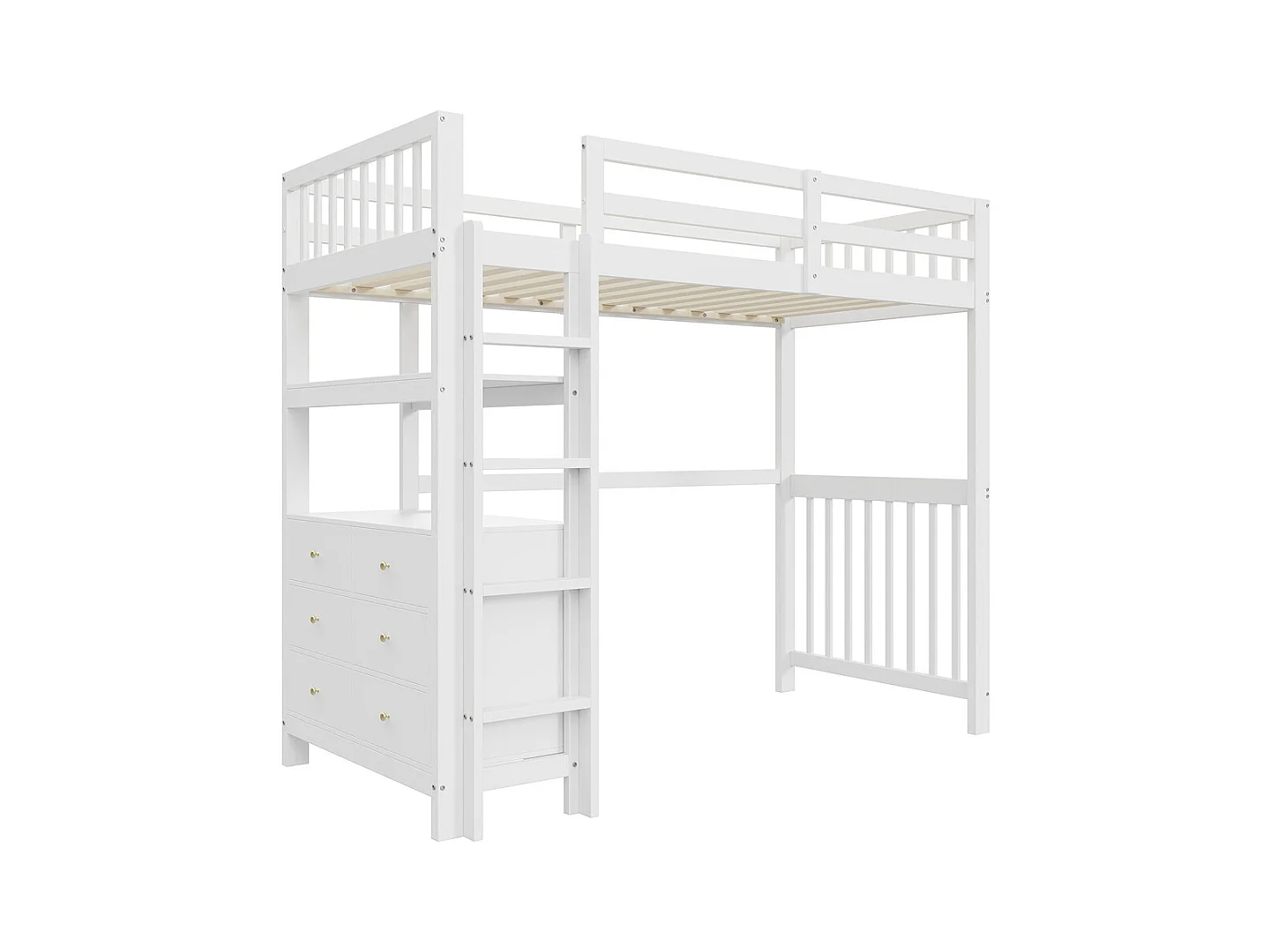 Lit mezzanine 90x200cm, Échelle de sécurité, Tiroirs et étagères, Lit simple,Blanc