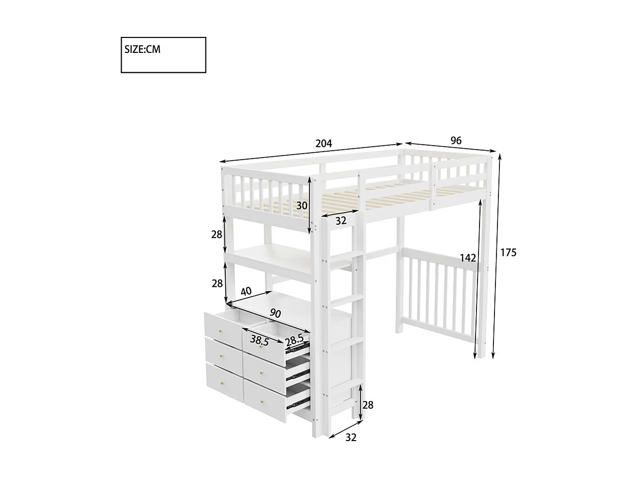 Lit mezzanine 90x200cm, Échelle de sécurité, Tiroirs et étagères, Lit simple,Blanc