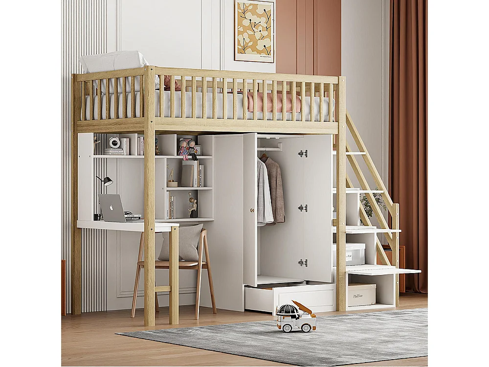 Hoogslaper 90 x 200 met grote kastplank en tafel,houten bedframe,wit+natuurlijk