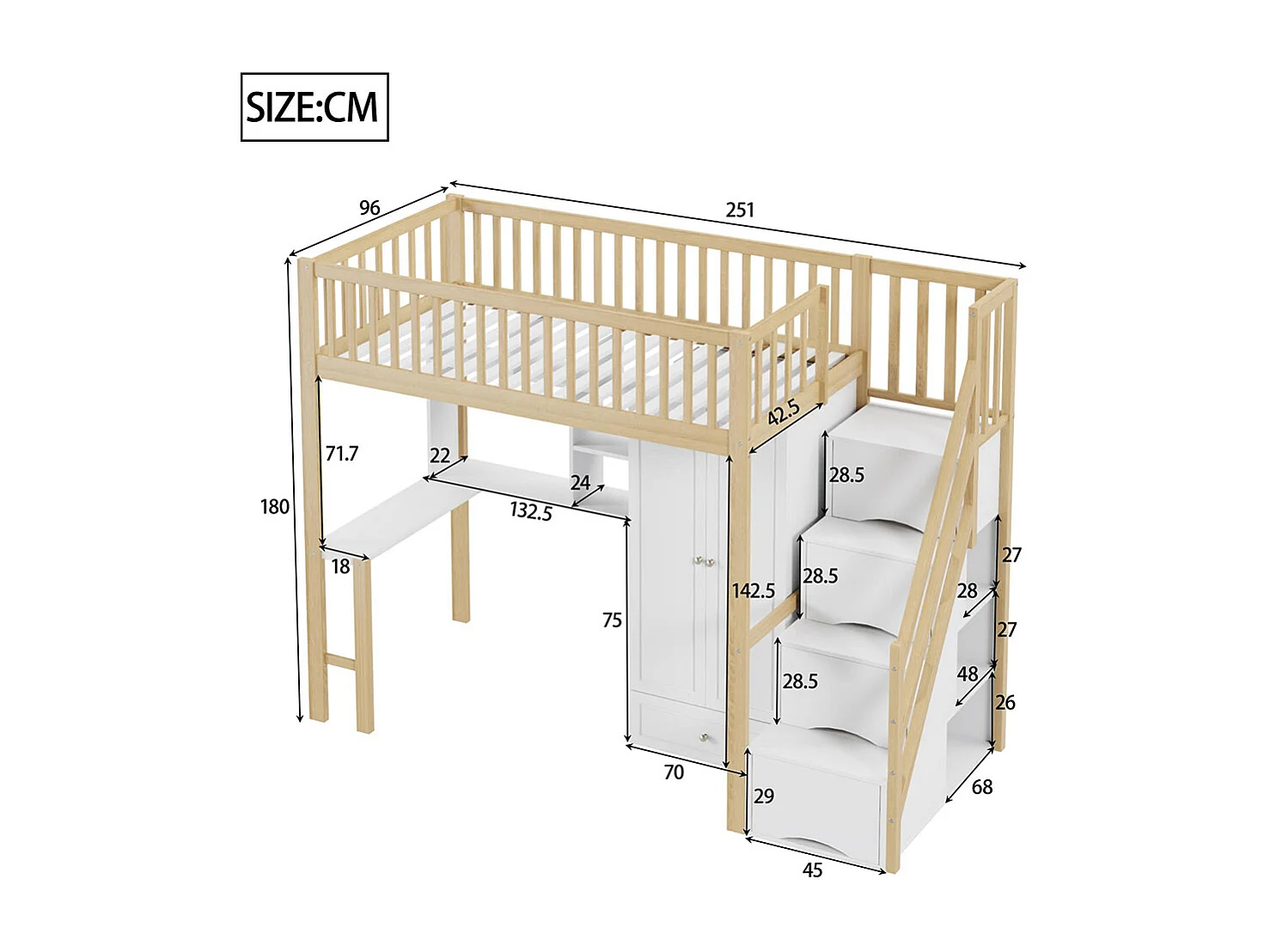 Hoogslaper 90 x 200 met grote kastplank en tafel,houten bedframe,wit+natuurlijk