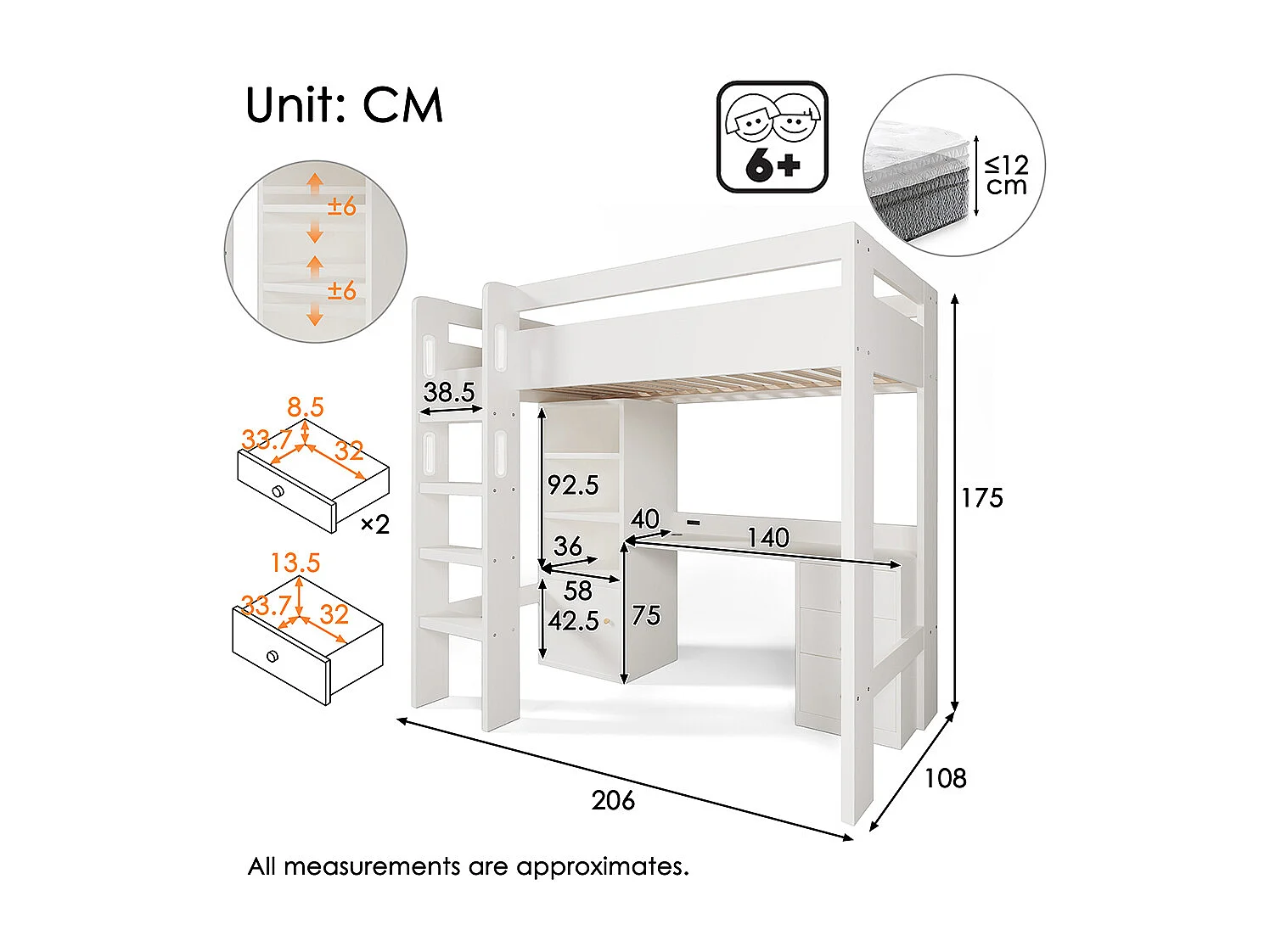 Lit mezzanine 90×200 cm,Lit enfant avec bureau USB-C,Lit simple,Sans matelas