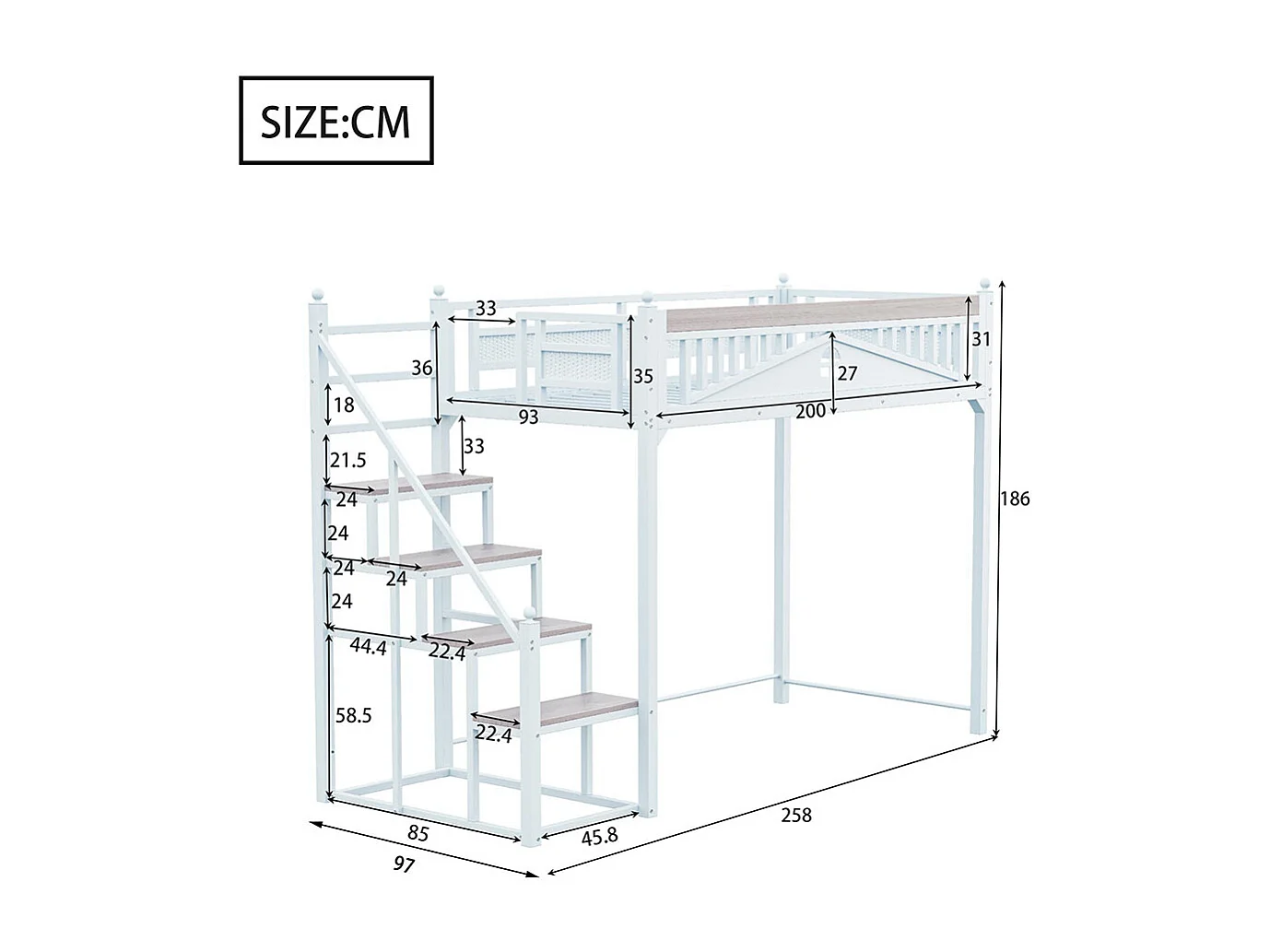 Lit mezzanine 90 x 200 cm,échelle de sécurité pour le rangement, blanc,sans matelas