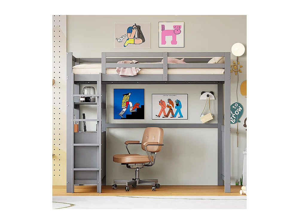 Lit mezzanine 90x200cm, Échelle de sécurité, Tiroirs et étagères, Lit simple,Gris