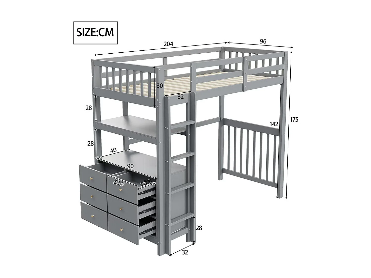 Lit mezzanine 90x200cm, Échelle de sécurité, Tiroirs et étagères, Lit simple,Gris