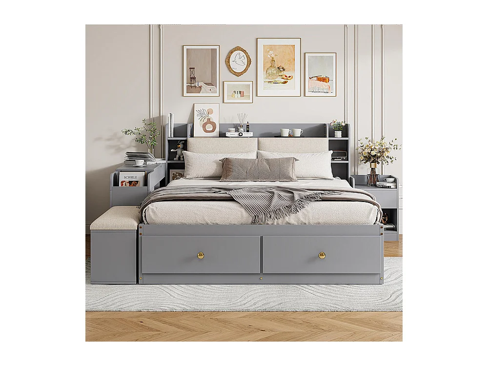 Lit coffre  140x200cm,Lit combiné en bois massif,Lit double de rangement Lit tatami, Gris