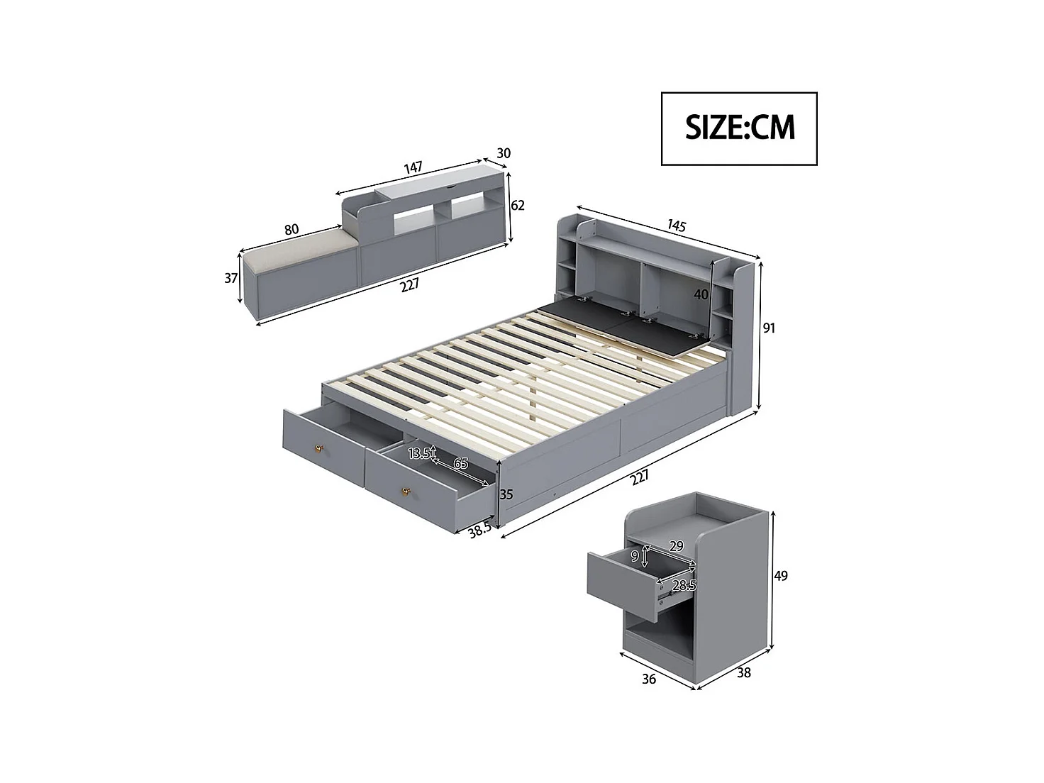 Lit coffre  140x200cm,Lit combiné en bois massif,Lit double de rangement Lit tatami, Gris