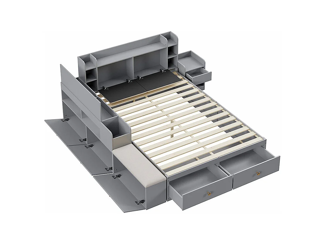 Lit coffre  140x200cm,Lit combiné en bois massif,Lit double de rangement Lit tatami, Gris