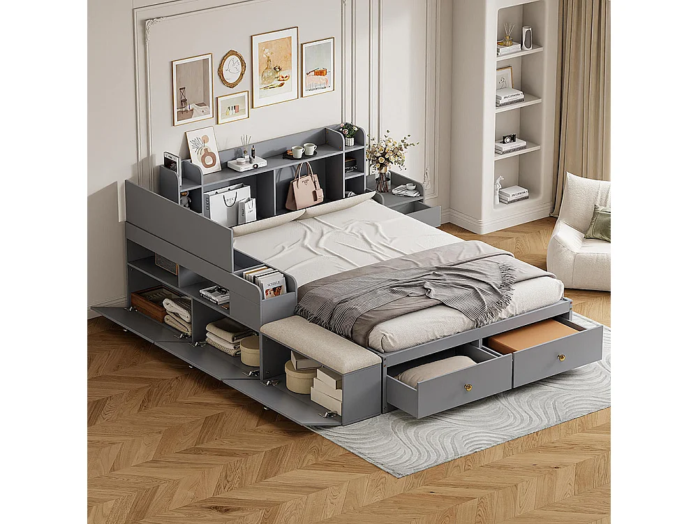 Lit coffre  140x200cm,Lit combiné en bois massif,Lit double de rangement Lit tatami, Gris