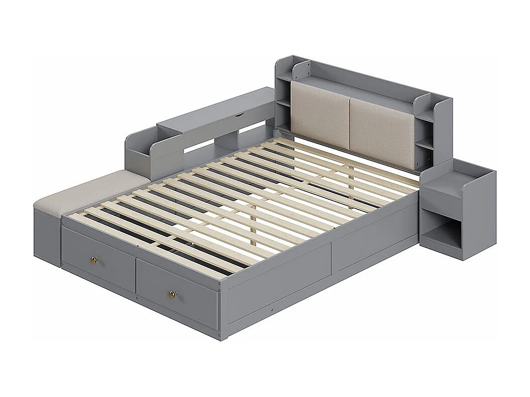 Lit coffre  140x200cm,Lit combiné en bois massif,Lit double de rangement Lit tatami, Gris