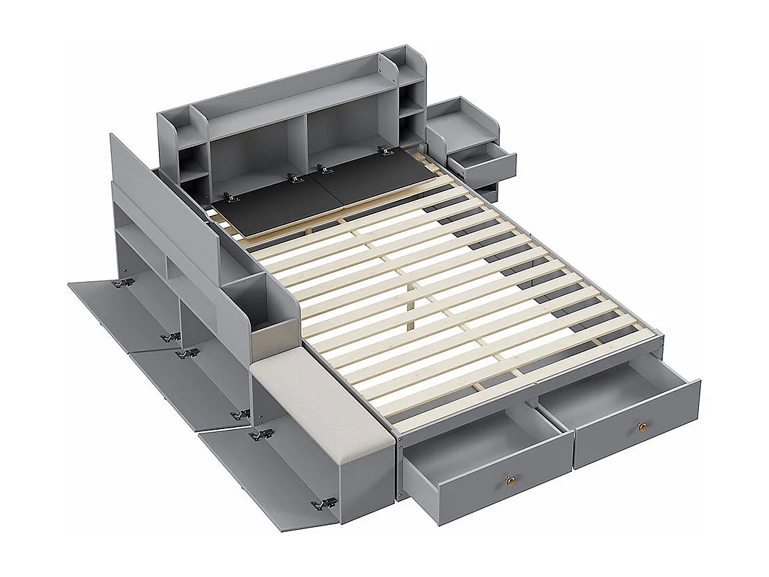Lit coffre  140x200cm,Lit combiné en bois massif,Lit double de rangement Lit tatami, Gris