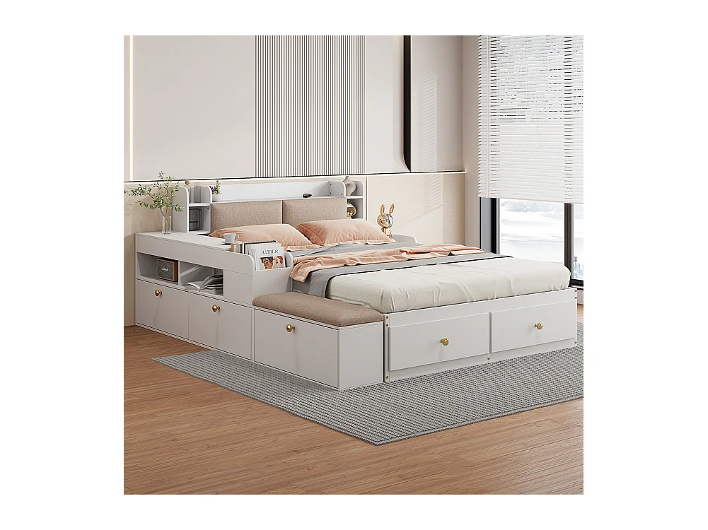 Lit coffre  140x200cm,Lit combiné en bois massif,Lit double de rangement Lit tatami, blanc