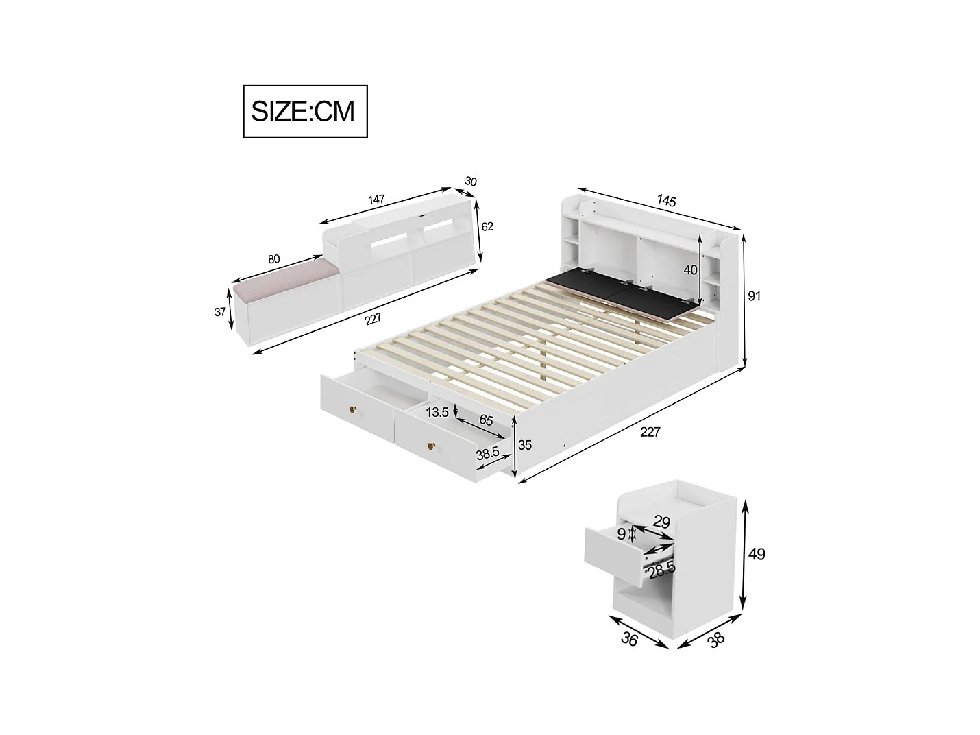 Lit coffre  140x200cm,Lit combiné en bois massif,Lit double de rangement Lit tatami, blanc