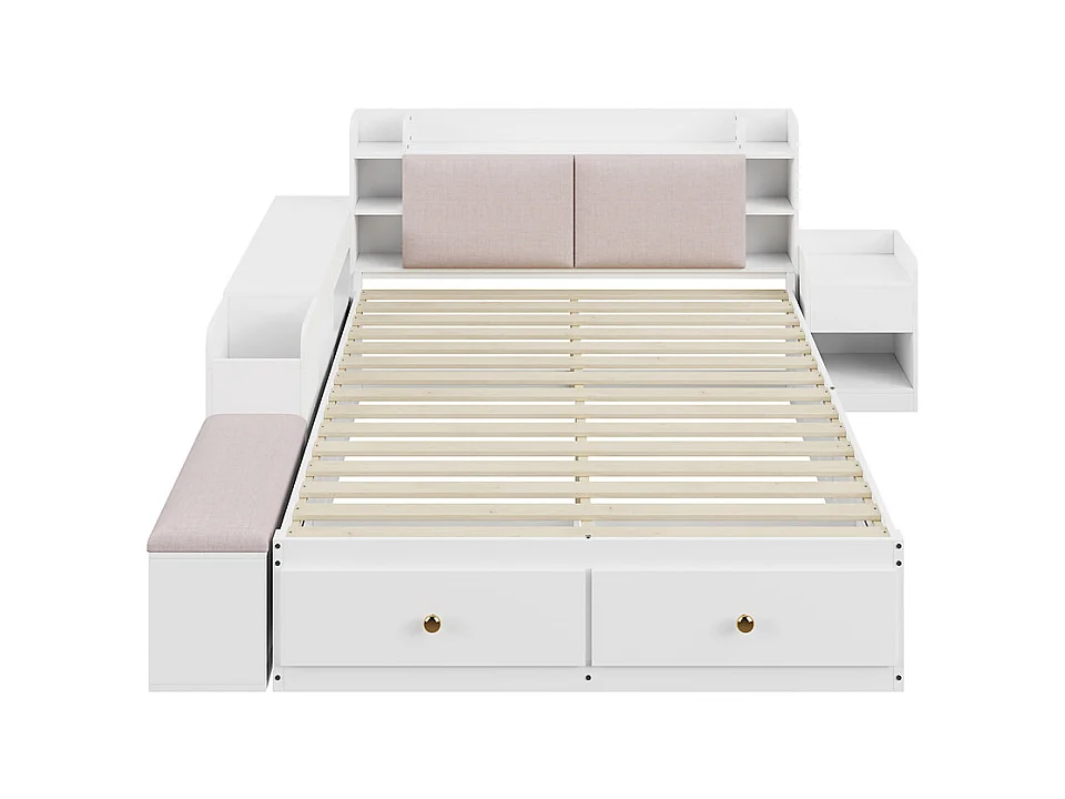 Lit coffre  140x200cm,Lit combiné en bois massif,Lit double de rangement Lit tatami, blanc
