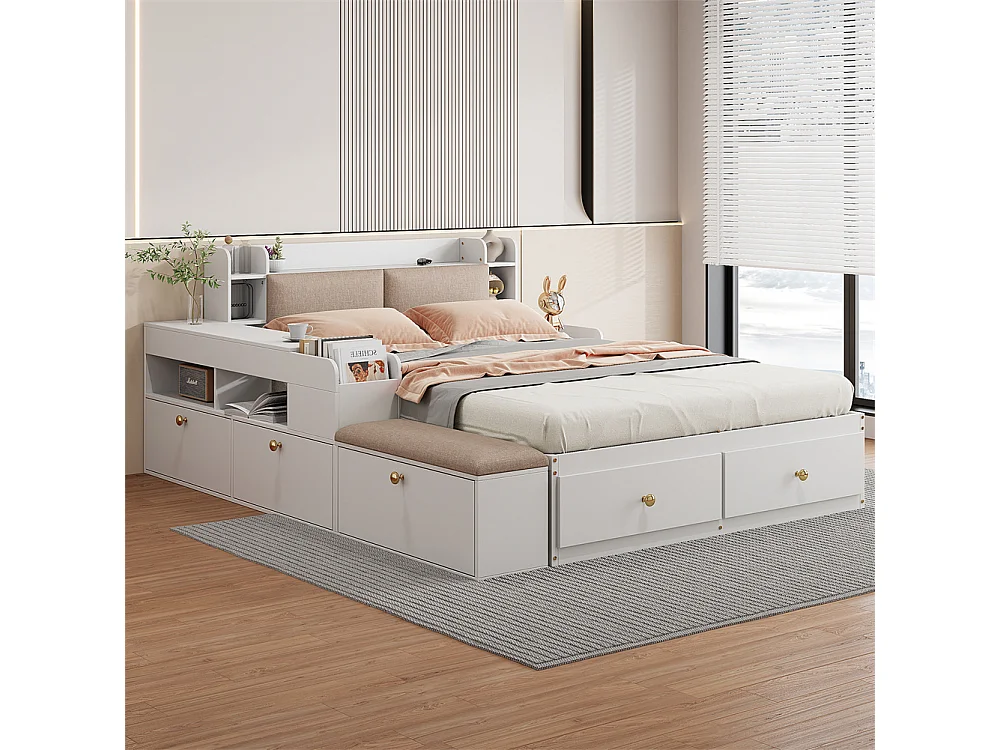 Lit coffre  140x200cm,Lit combiné en bois massif,Lit double de rangement Lit tatami, blanc