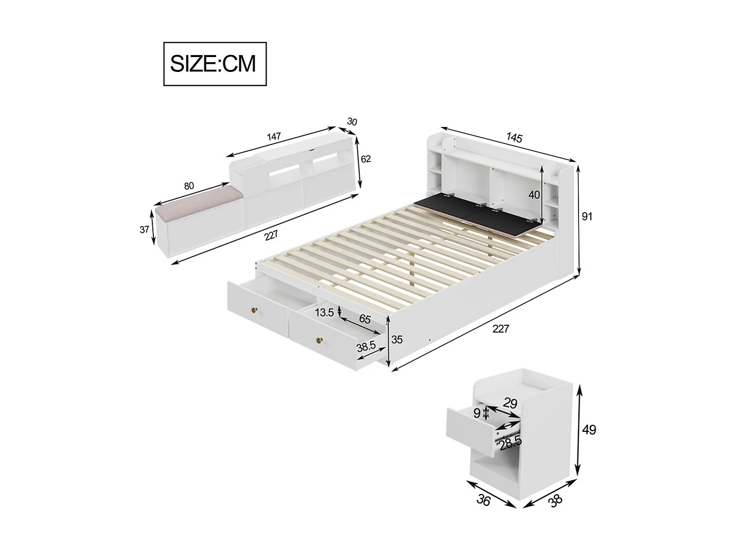 Lit coffre  140x200cm,Lit combiné en bois massif,Lit double de rangement Lit tatami, blanc