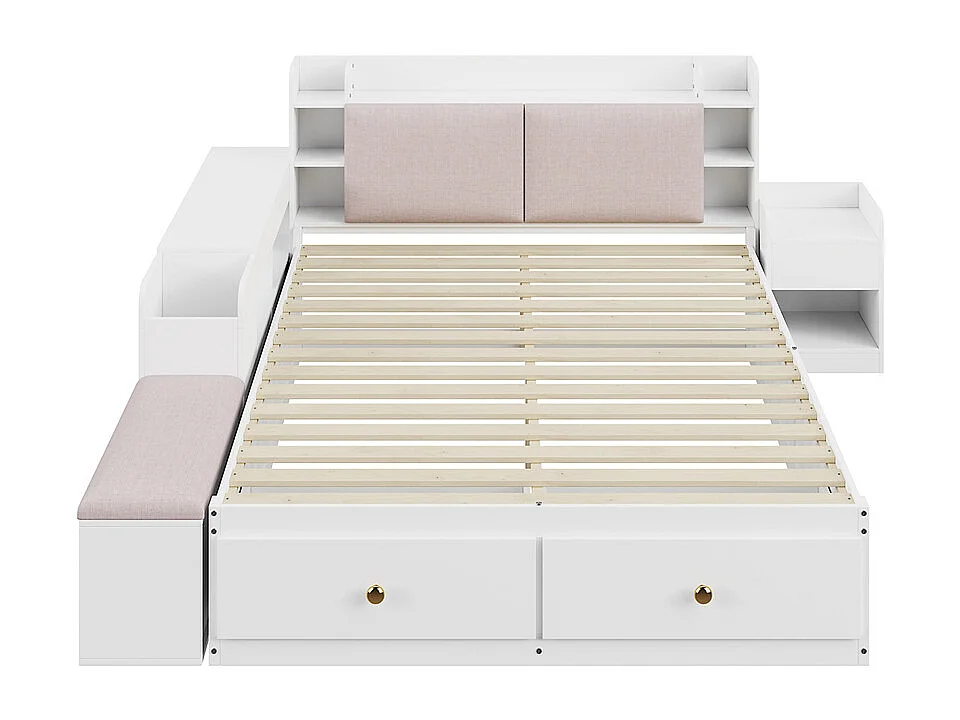 Lit coffre  140x200cm,Lit combiné en bois massif,Lit double de rangement Lit tatami, blanc