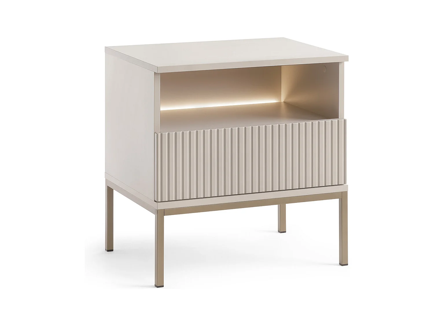 Sæt med 2 sengeborde med 1 skuffe og 1 niche - Med LED-lys - MDF og røget glas - Beige - OVILA