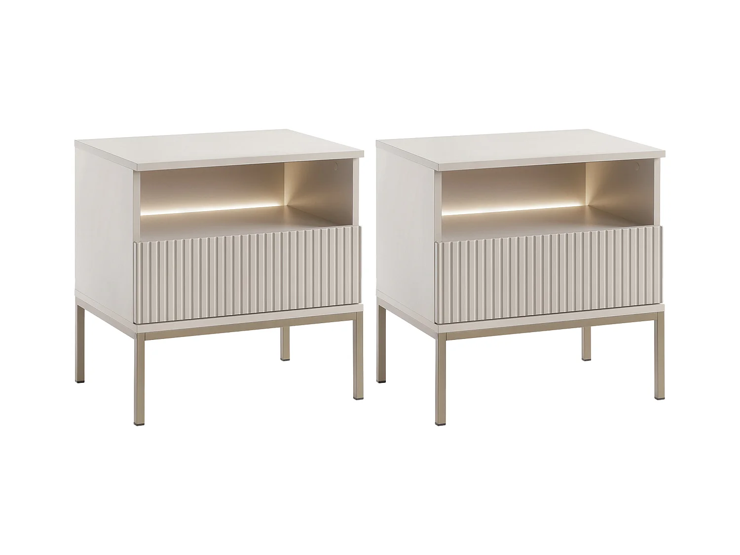 Sæt med 2 sengeborde med 1 skuffe og 1 niche - Med LED-lys - MDF og røget glas - Beige - OVILA