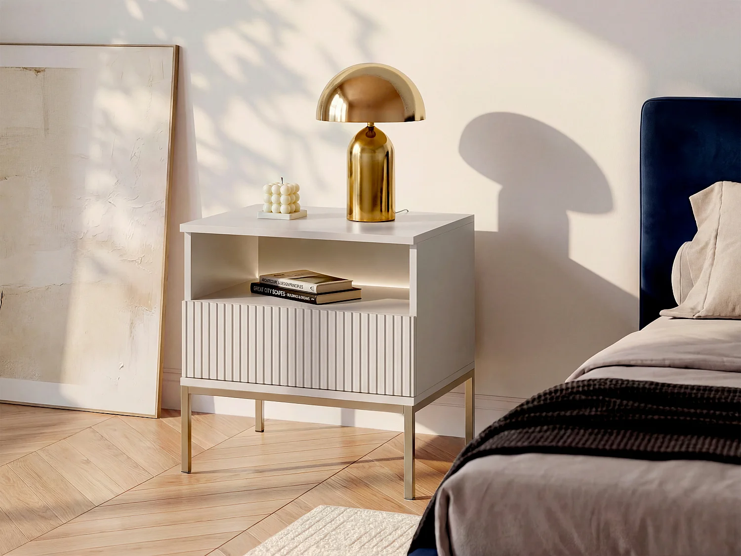 Lote de 2 mesitas de noche con 1 cajón y 1 estante - Con LEDs - MDF y cristal ahumado - Beige - OVILA