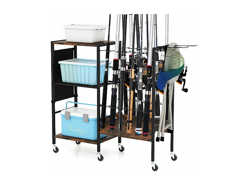 Chariot de Rangement à 3 Étages, Support Canne a Peche, Porte Canne a Peche pour Garage, Support de 12 Cannes de 40 mm de Diamètre, Roues Universelles Bloquantes