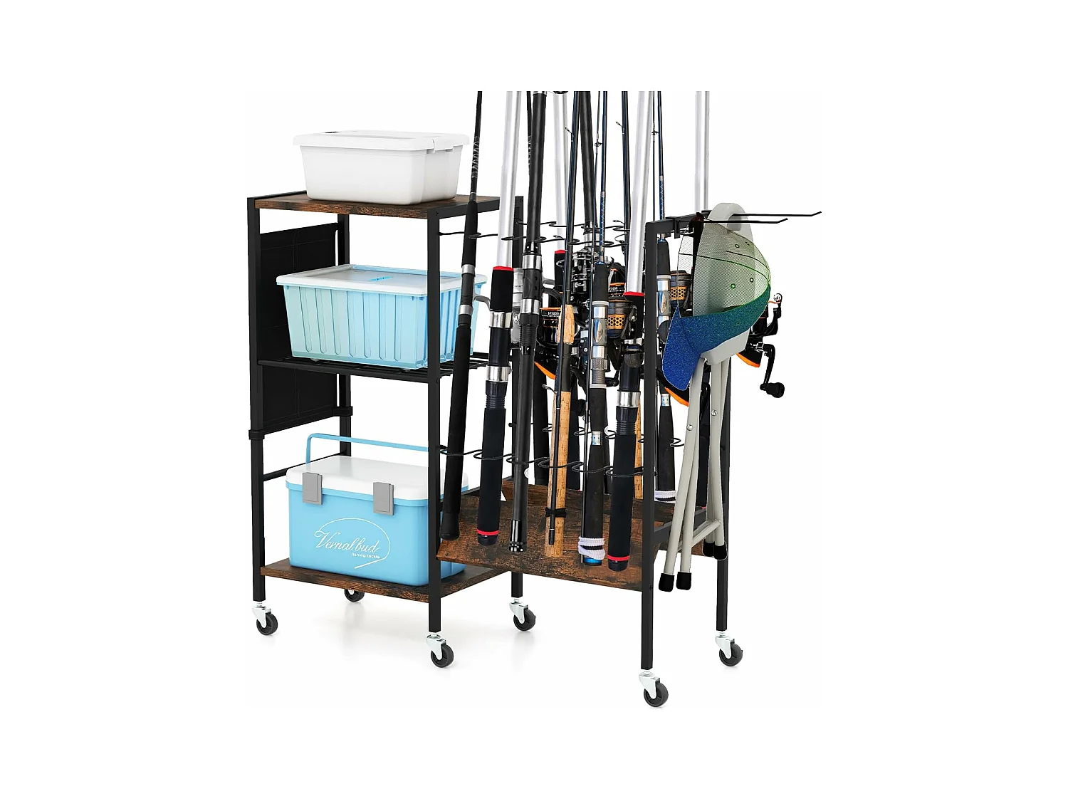 Chariot de Rangement à 3 Étages, Support Canne a Peche, Porte Canne a Peche pour Garage, Support de 12 Cannes de 40 mm de Diamètre, Roues Universelles Bloquantes