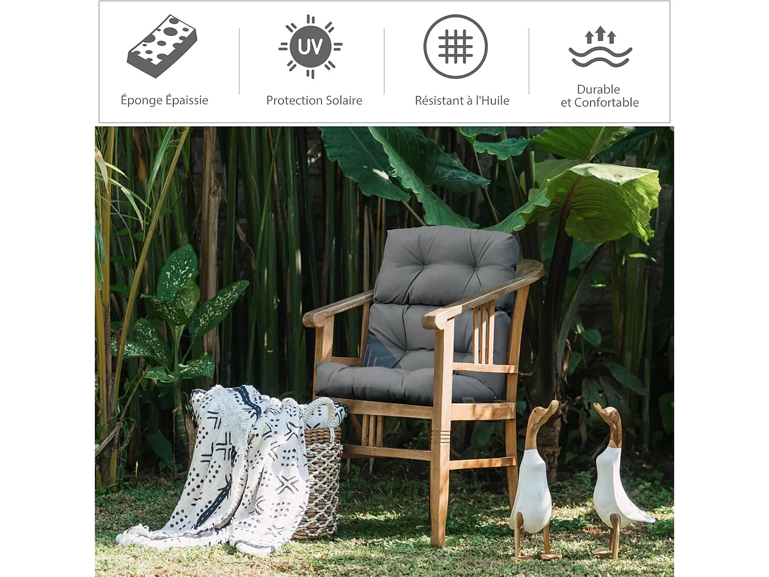 Coussin de Chaise à Dossier Haut avec Sangles en Corde Antidérapantes, Coussin de Siège de Patio en Polyester Imperméable pour Chaise Longue Fauteuil de Jardin