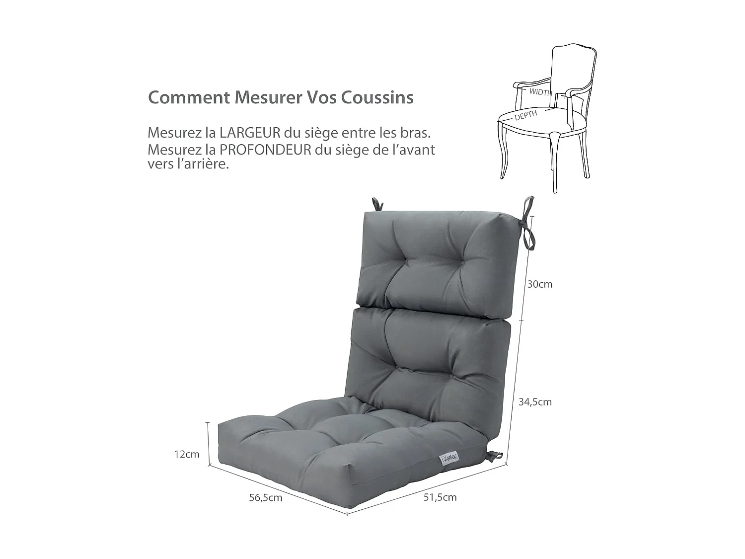 Coussin de Chaise à Dossier Haut avec Sangles en Corde Antidérapantes, Coussin de Siège de Patio en Polyester Imperméable pour Chaise Longue Fauteuil de Jardin